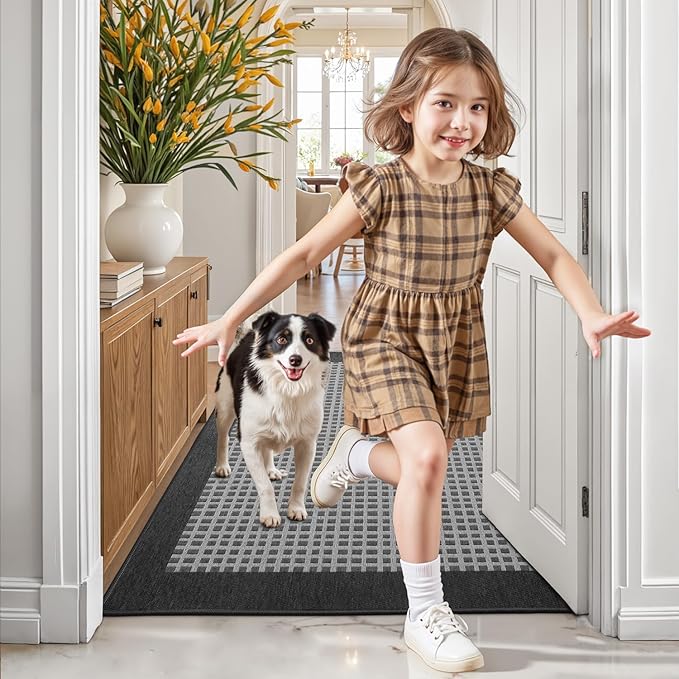 LUMI Inside Door Mat for Entry 17''x30'', Absorbent, Dirt Trapper, Low Profile Thin, Non Slip Mats with Rubber Backing, Ideal for Indoor, High Traffic, Garage, Entrance, Checkered Black