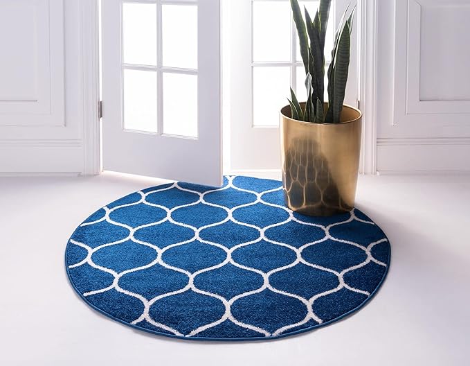 Rugs.com Lattice Frieze Collection Rug – 4' Round Navy Blue Medium Rug Perfect for Kitchens, Dining Rooms
