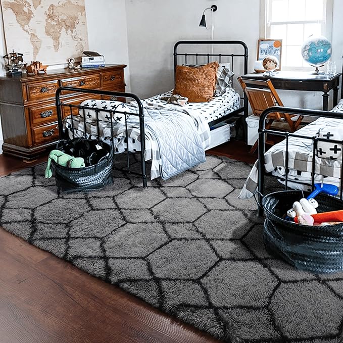 ONASAR 6x9 Area Rugs for Living Room Bedroom, Washable Large Fluffy Grey and Black Throw Rug, Geometric Soft Plush Shaggy Fuzzy Floor Carpet for Nursery Kids Girls Boys Teen Dorm Home Office Decor