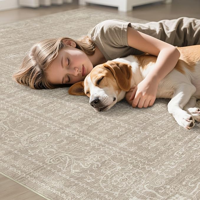 7x9 Area Rug Living Room: Washable Large Vintage Rug Neutral Non-Slip Soft Stain Resistant Indoor Carpet for Bedroom Nursery Dining Room Under Table Bed Home House Office Playroom - Brown