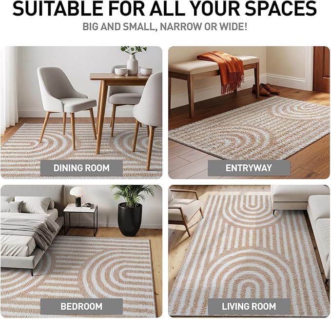 Rugshop Abstract Arch Shag Area Rug Beige 4' x 6' Ideal for Small Living Rooms, Offices, or Beside The Bed