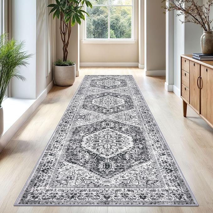 KOZYFLY Long Runners for Hallways 3x10 Ft Washable Kitchen Runner Rug Boho Runner Rug for Entryway Indoor Printed Faux Wool Stair Runner Floor Carpet for Stair Kitchen Hall, Grey
