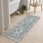 Uphome Bathroom Rugs Runner, Distressed Farmhouse Boho Blue Bath Mat, Non Slip Washable Long Bath Rugs, Vintage Traditonal Soft Velvet Bathroom Runner for Bathtub Sink Shower, 18x47 inch