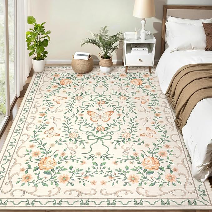 GarveeHome 3x5 Small Area Rug for Bedroom Floral Washable Rugs Non Slip Stain Resistant Living Room Throw Carpet Low Pile Dining Room Beige Area Rug Butterfly Bow Rugs for Nursery Home Decor, 3x5