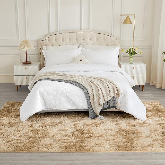 Andency Soft Area Rugs for Living Room Bedroom, 5x8 Fluffy Shaggy Bedside Rug, Non-Slip Large Shag Fuzzy Plush Carpets for Bedroom Kids Dorm Nursery Home Decor Aesthetic, Tie-Dyed Khaki