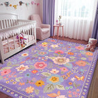 Floral 3x5 Area Rug Machine Washable Soft Print Boho Carpet Non Slip Doormat Low Pile Flower Area Rugs for Living Room Bedroom Nursery Kitchen Dining Room Indoor-Purple/Pink/Multi