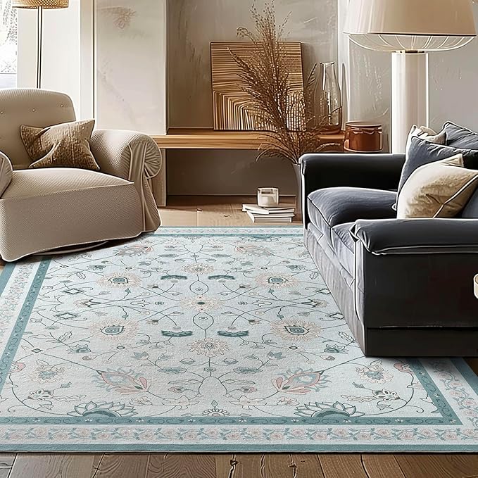 EVERGRACE Area Rugs for Living Room 6x9, Boho Floral Faux Wool Indoor Outdoor Rugs, Washable Rugs for Bedroom Dining Room Entryway Kitchen, Low Pile Floor Mat Carpet for Home Decor, Pale Blue