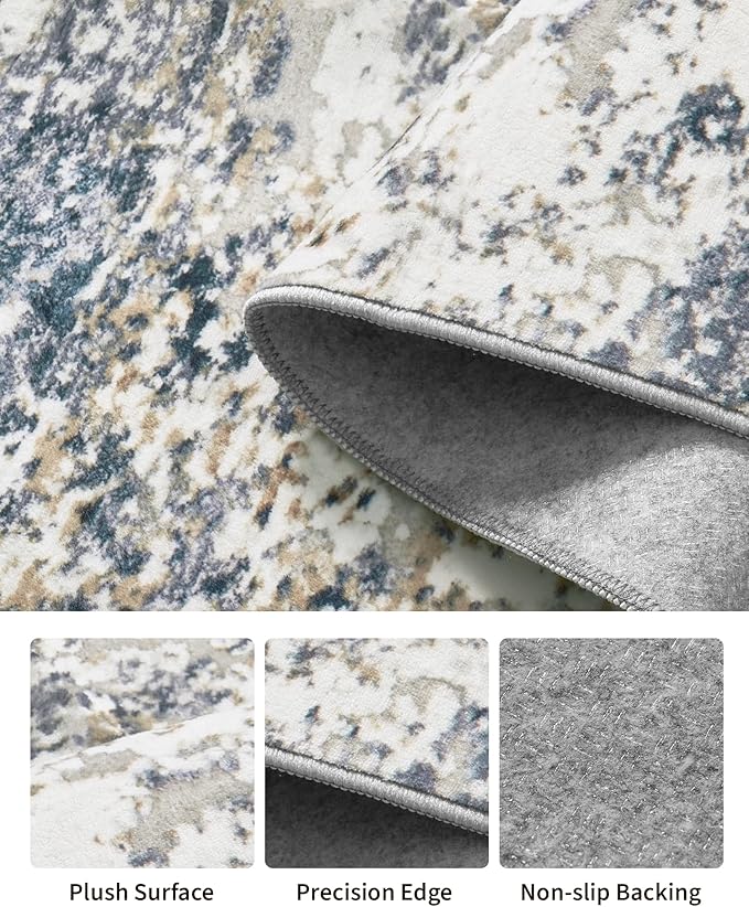 Art&Tuft Washable Rugs 8x10, Area Rugs for Living Room - Non Slip and Low Pile Soft Thin Abstract 8x10 Rug for Bedroom, Dining Room, Kitchen, Office, Blue