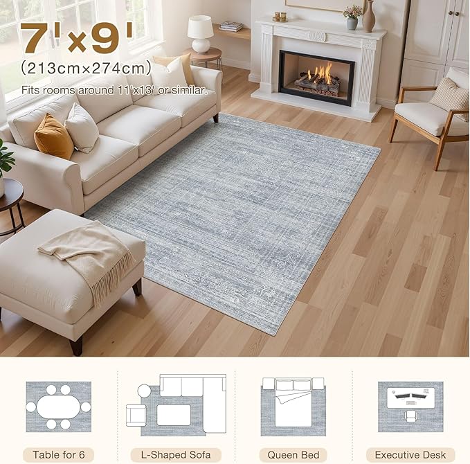 7x9 Area Rug Living Room: Washable Large Vintage Blue Rug Neutral Non-Slip Soft Stain Resistant Indoor Carpet for Bedroom Nursery Dining Room Under Table Bed Home House Office Playroom