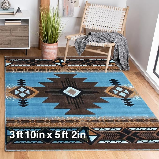 YHSF South West Native American Area Rug C318 - Easy Clean, Thick, Soft, Durable Native Tribal American Indian Inspired Rug for Bedroom/Living Room and More - Blue-Brown, 3 ft 10 in x 5 ft 2 in