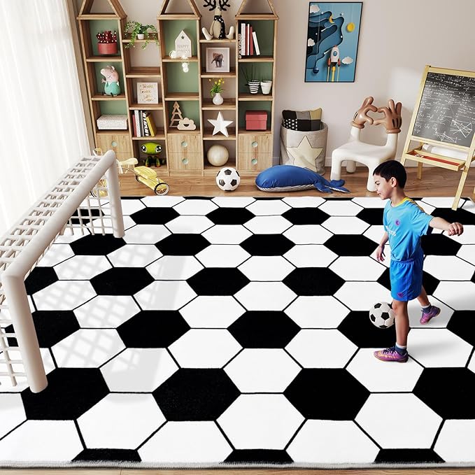 Soft Soccer Rugs for Bedroom, Machine Washable, Cute Bedside Boys Area Rug for Kids Toddlers Teens, Soccer Lovers Home Decor Indoor Carpet for Living Room, Dorms, Nursery, 7x9 FT
