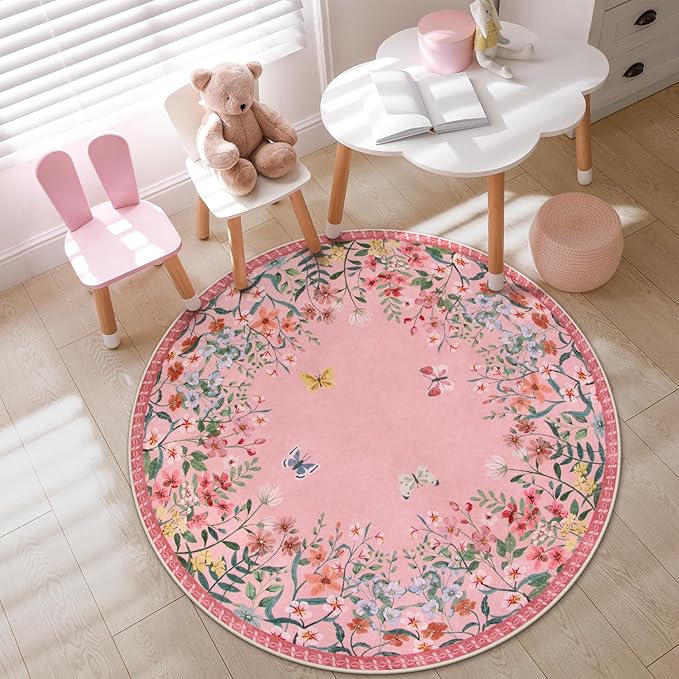 Wonnitar Washable 5ft Round Area Rug, Pink Floral Living Room Rugs for Bedroom Girls, Low Pile Soft Botanical Throw Carpet for Kids Nursery Room (Pink,5ft-Round)