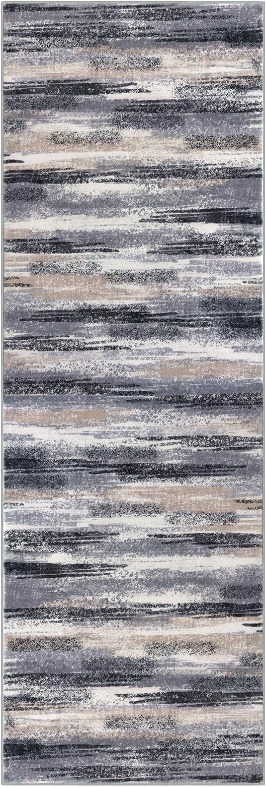 Modern Abstract Runner Rug 2x6, Grey Black Multi Washable Kitchen Runner Non-Slip Soft Hallway Rug Runner Thin Print Faux Wool Carpet for Entryway Bedroom Laundry Room Indoor