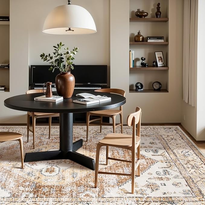 Lahome 9x12 Area Rugs for Living Room - Boho Non-Slip Washable Carpet Ultra-Thin Large Rug Lightweight Throw Foldable Dining Room Mat，Farmhouse Neutral Print Carpet for Bedroom Guest Room (Taupe)