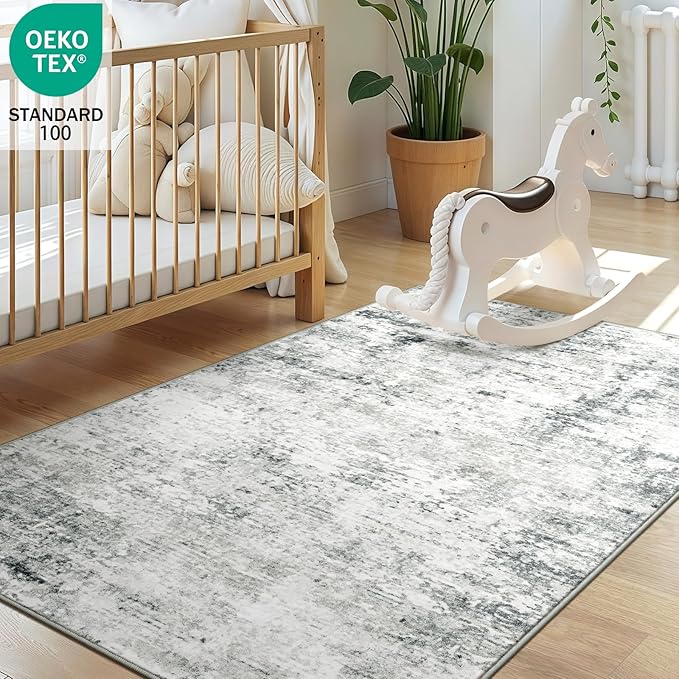 3x5 Machine Washable Area Rug for Entryway, Grey Modern Vintage Abstract Rug Non-Slip Low Pile Soft Faux Wool Small Carpet, Kids and Pets Friendly for Bedroom Kitchen Hallway Home Decor Rug