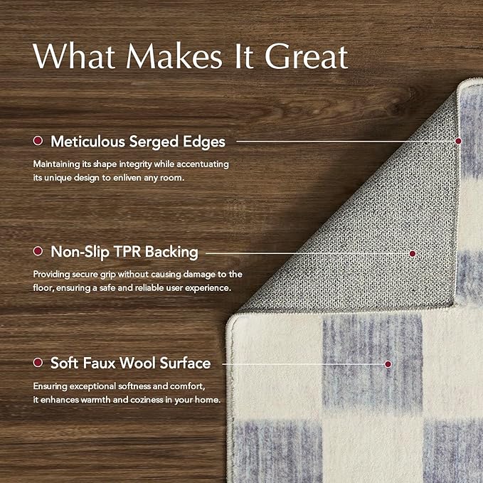 EVERGRACE Checkered Plaid Area Rug 3x5, Soft Fuzzy Faux Wool Rugs Washable Anti Slip Rugs Small Rug Carpet for Entryway Bedroom Living Room Hallway Kitchen Dining Room and Laundry Room, Light Gray
