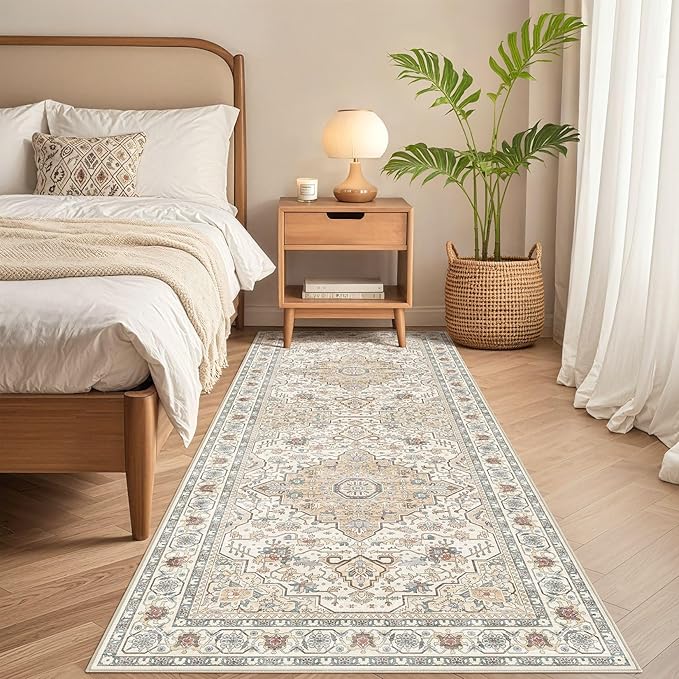 Runner Rug Kitchen Washable Rugs: 2x6 Non-Slip Boho Soft Vintage Stain Resistant Indoor Floor Neutral Farmhouse Throw Carpet for Hallway Bathroom Laundry Room Entryway Bedroom- Cream