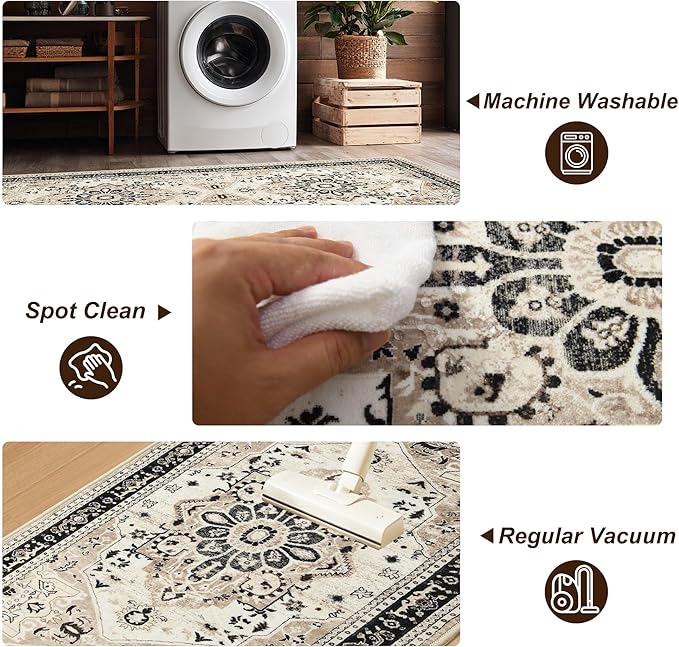 XWZO Entryway Area Rug 2x3ft — Soft Low Pile Non-Slip Door Mat for Bedroom Bathroom Kitchen Laundry, Spill Resistant Washable Small Indoor Carpet for Doorway & Entrance, Brown Beige