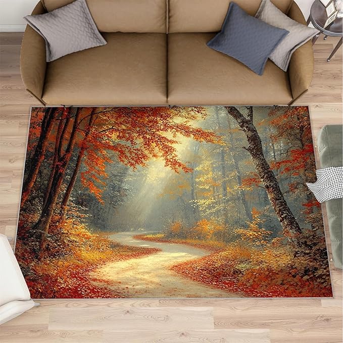 4x5 Autumn Forest Indoor Outdoor Rug - Natural Landscape Bedside Rug, Forest Path Washable Entry Way Rugs Kids Carpet for Inside House Playroom Living Room End Table Nursery