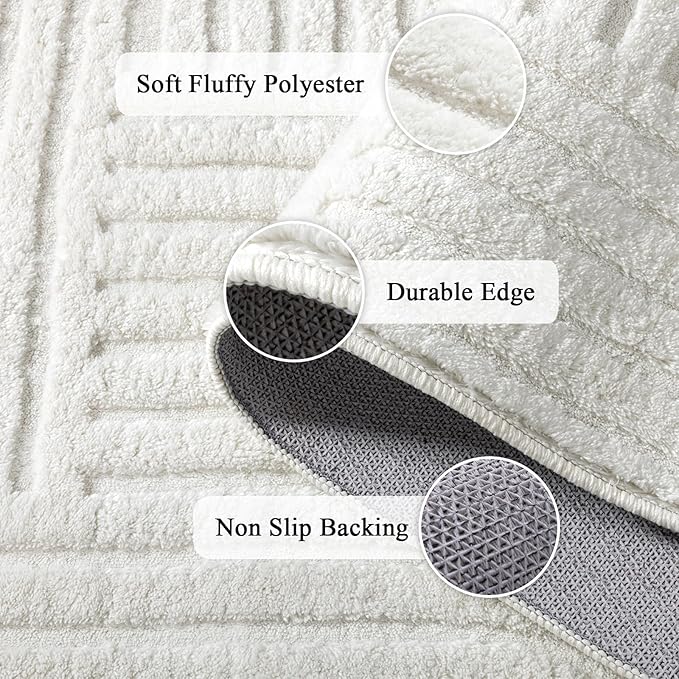 SHACOS Soft Cozy Fluffy Arch Pattern High Low Pile Rugs 4'x6' Non Slip Washable Scandinavian Minimalist Rug Modern Geometric Arc Carpet for Living Room Bedroom Dining Room, Cream White
