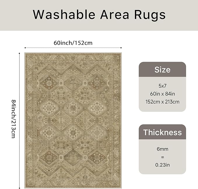 Bavni 5x7 Area Rugs for Living Room, Machine Washable Rug Non Slip, Vintage Chenille Distressed Print Carpet, Large Low Pile Ultra-Thin Lightweight Rugs for Bedroom, Dining Room, Office, Nut Brown