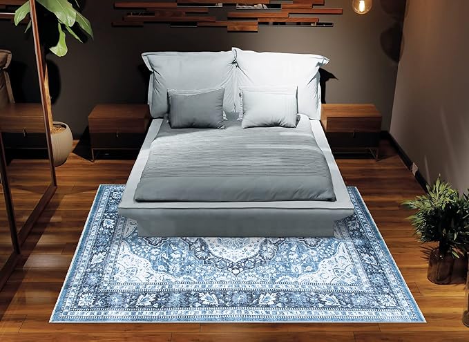 Bloom Rugs Caria Washable Non-Slip 3x5 Rug - Blue Traditional Area Rug for Living Room, Bedroom, Dining Room, and Kitchen - Exact Size: 3' x 5'