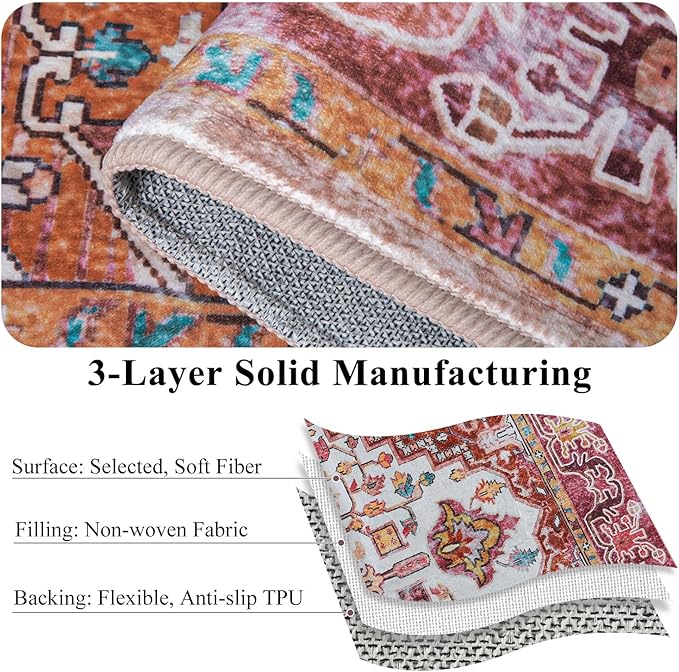 Runner Rug 2×6, Machine Washable Vintage Non-Slip Area Rug, Low Pile, Decorative Carpet Printed Floral Rugs for Living Room, Entryway, Kitchen, Bedroom, Plum