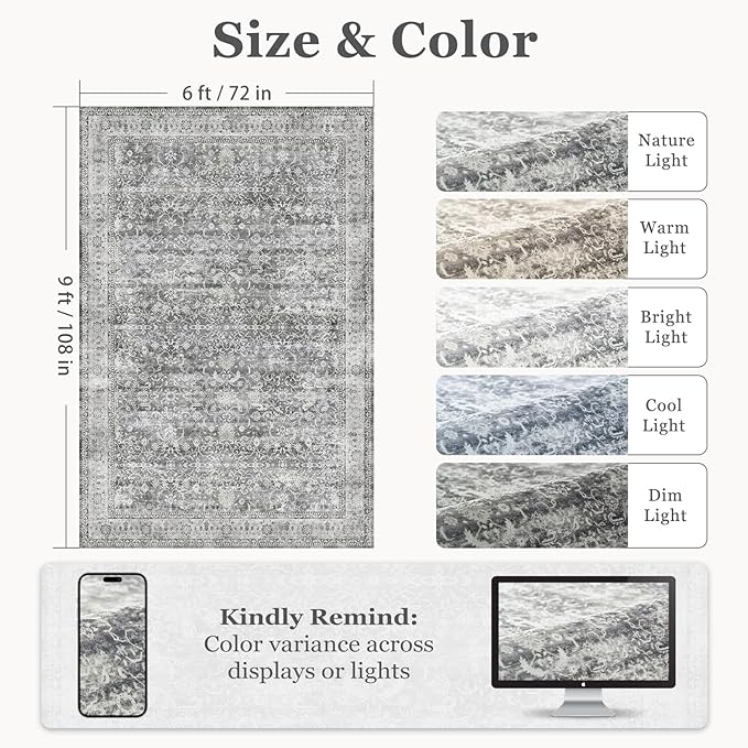 Grey Neutral Area Rug 6x9, Vintage Gray Rugs for Living Room Bedroom, Washable Non Slip Low Pile Thin Carpet Rug for Dining Room Guest Room Home Office