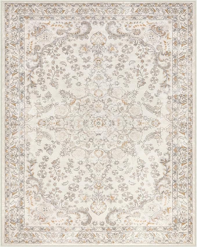 Wonnitar Washable Living Room Rugs, 8x10 Area Rugs for Room Decor, Beige Non Slip Ultra-Thin Soft Cozy Vintage Floral Distress Neutral Carpet for Bedroom Dining Room Farmhouse Playroom
