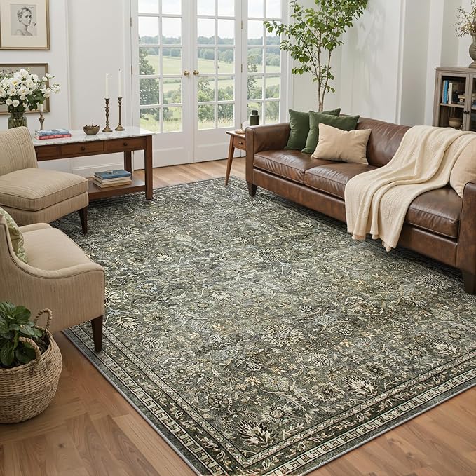 Lahome Large Dark Olive Green Area Rugs, Washable Area Rugs 9x12 Living Room, Boho Bedroom Mats Under Bed, Soft Stain Resistant Non-Shedding Thin Carpet for Dining Room Apartment