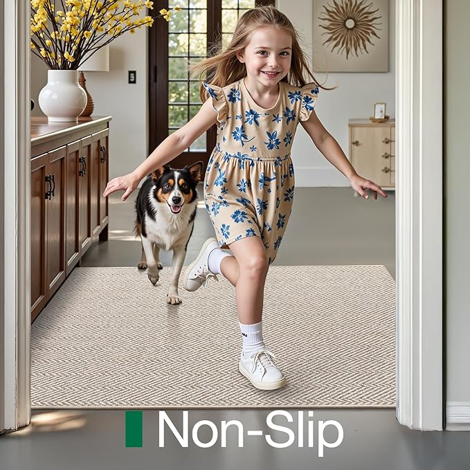 LUMI Ultra Thin Indoor Door Mat for Entrance 36"x56", Non Slip Entryway Mat, Low Profile Doormat, Unique Herringbone Design Carpet for Inside, Patio, Porch, Beige