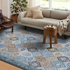 Phantoscope Washable Area Rug 4'x6' Non-Slip, Vintage Boho Rugs for Living Room, Bedroom, Dining Room, Distressed Moroccan Mosaic Diamond Pattern, Low-Pile Foldable Floor Carpet, Blue Teal/Neutral