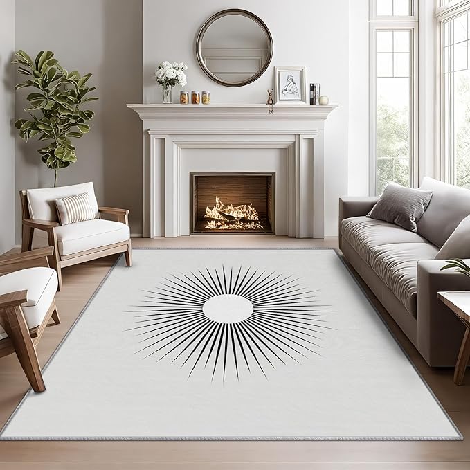 Mid Century Rugs for Living Room - 7x10 ft, Minimalist Sun Rug, Black and White Area Rugs for Living Room Bedroom, Modern Abstract Washable Rug Non-Slip Carpet, Optical Illusion Decor & Gifts