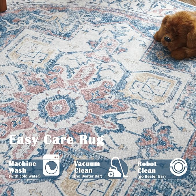 jinchan Kelda Round Rug 6ft Washable Area Rug Indoor Vintage Bedroom Floor Cover Distressed Circle Mat 6' Round Lightweight Non Slip Low Pile Thin Farmhouse Carpet for Living Room Navy Blue