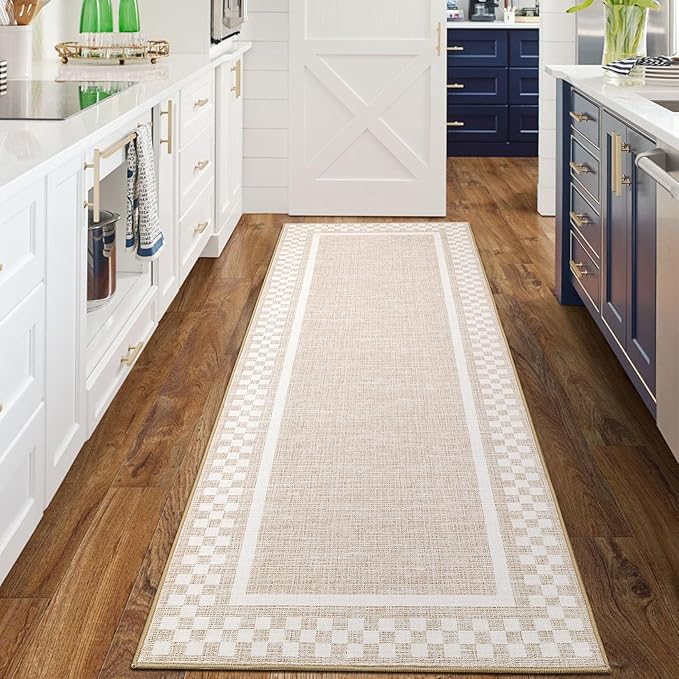 Washable Runner Rug 2x10 Modern Bordered Hallway Runner Rug Non Slip Kitchen Throw Carpet Checkered Bathroom Entryway Runner Rugs Low Pile Solid Area Rugs for Living Room Bedroom Nursery Sink, Beige