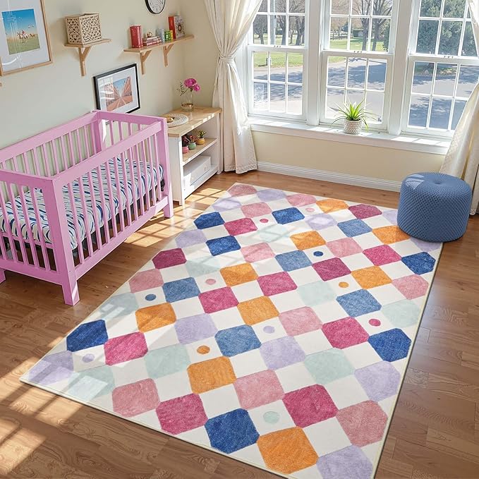 jinchan Macy Area Rug 6x9 Kids Washable Rug Indoor Floor Cover Non-Slip Modern Soft Rug Elementary School Classroom Diamond Carpet for Nursery Playroom Daycare Living Room Bedroom Berries on Cream