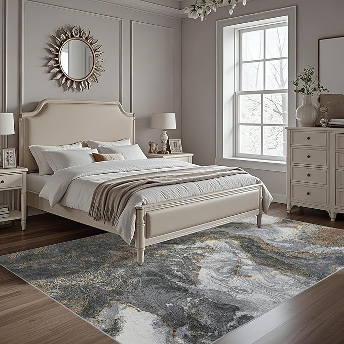 Modern Washable Rug for Living Room: Abstract 5x7 Area Rugs for Bedroom Low Pile Non Slip - Stain Resistant Carpet for Dining Room Indoor - Grey Gold