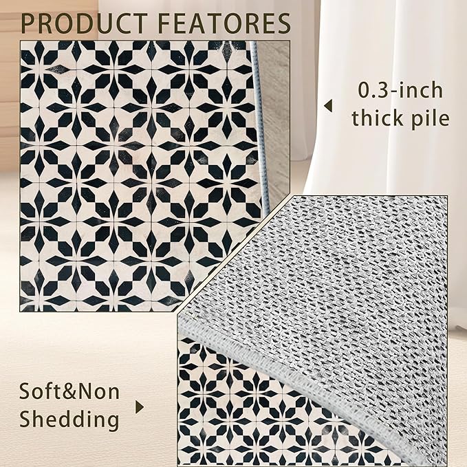 Black Beige Vintage Washable 3x5 Area Rugs for Living Room, Thin Low Pile Contemporary Carpet, Non-Slip Base Lightweight Rug