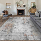 8x10 Washable Area Rug Grey Rust Abstract Living Room Bedroom Carpet Neutral Modern Non-Slip Soft Low Pile Lightweight Vacuumable Large Throw Rug for Dining Room