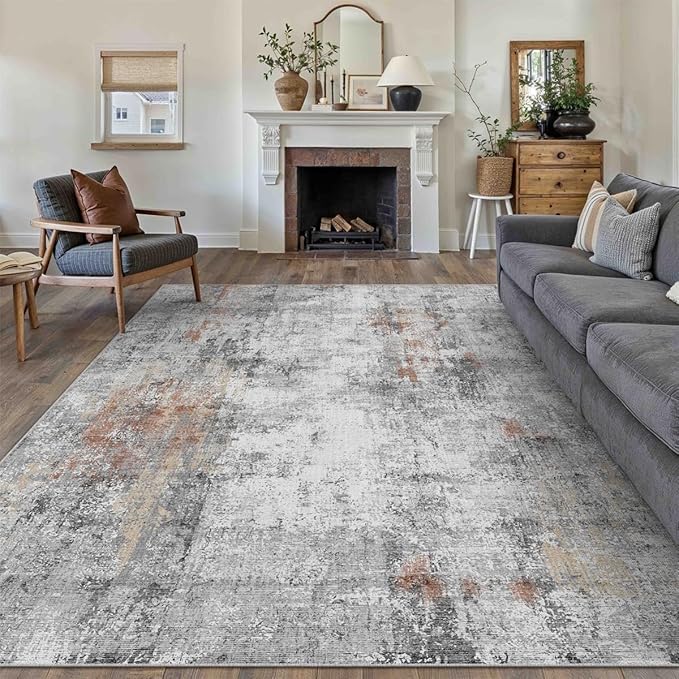 10x12 Washable Area Rug Grey Rust Abstract Living Room Bedroom Carpet Neutral Modern Non-Slip Soft Low Pile Lightweight Vacuumable Large Throw Rug for Dining Room