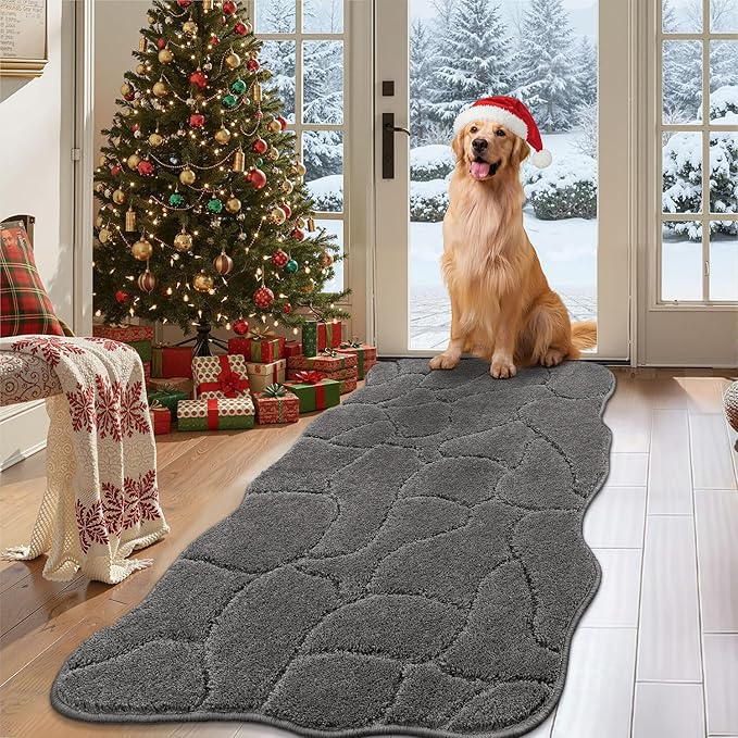 Large Dog Door Mat for Muddy Paws, 24x59 Absorbent Dirt Trapper Long Door Mat, Non-Slip Washable Mud Mat for Dogs, Polyester Microfiber Soft Pet Rug Mat for Entryway, Mud Dog Paws, Patio (Gray)