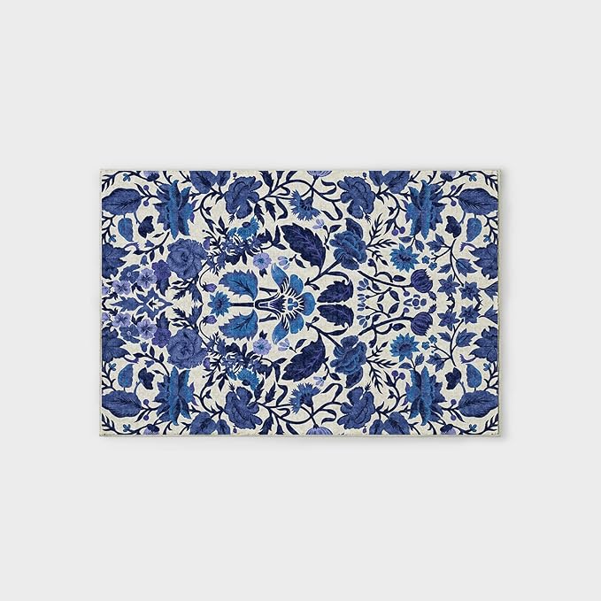 EVERGRACE Area Rugs for Entryway 2x3, Boho Floral Faux Wool Indoor Outdoor Small Rugs, Washable Rugs for Bedroom Bathroom Laundry Doormat, Low Pile Floor Mat Carpet for Home Decor, Celtic Blue