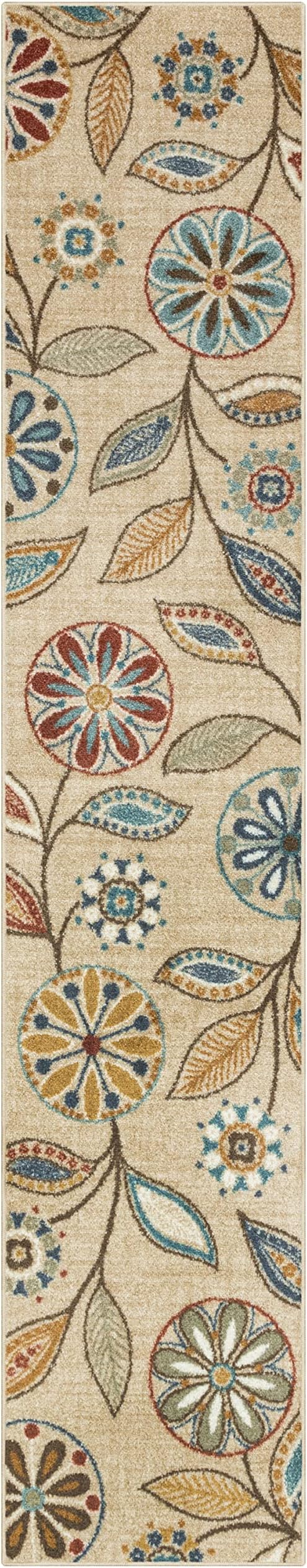 Maples Rugs Reggie Floral Runner Rug - Made in USA - Washable, Non Slip Indoor Carpet for Kitchen, Hallway, and Laundry Room, 2' x 10', Beige