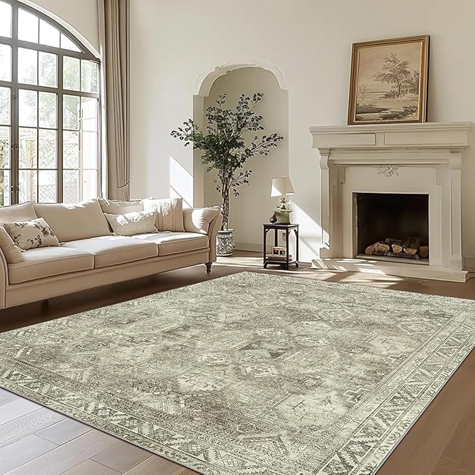 Bavni Area Rug 5x7 Machine Washable Vintage Distressed Print Ultra-Thin Chenille Bedroom Living Room Accent Rug, Low Pile Lightweight Non Slip with Gripper, Forgotten Sandstone