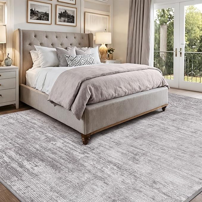LUMI 8x10 Washable Neutral Area Rug, Ultra-Soft, Non-Slip, Low-Profile Grey Carpet with Enhanced Anti-Slip Backing for Living Room, Bedroom, Indoor Spaces, and Home Décor