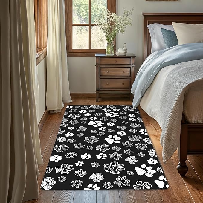 Cat Paws Black Area Rug for Living Room, Non-Slip Backing Low Pile Modern Abstract Rug for Indoor Use, 3x5 Washable Carpet