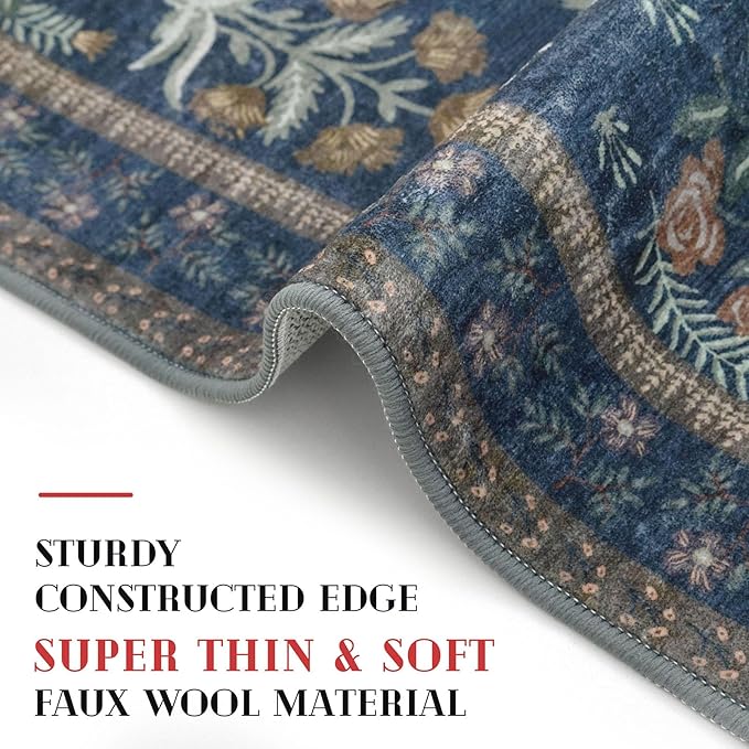 Boho 2x5 Runner, Navy Floral Washable Hallway Runner, Non-Slip Kitchen Runner, Super Thin Printed Faux Wool Soft Carpet for Entryway, Front Door, Backdoor, Bedside