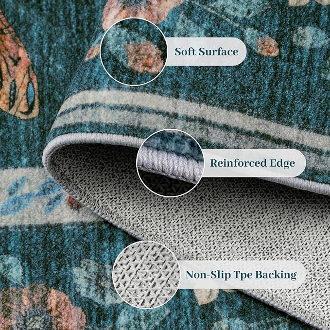 7x9 Bug Pattern Area Rug - Indoor Non-Slip Low Pile Machine Washable Insect Print Rug for Entryway, Living Room, Bedroom, Kitchen, Laundry (7'x9' Teal)