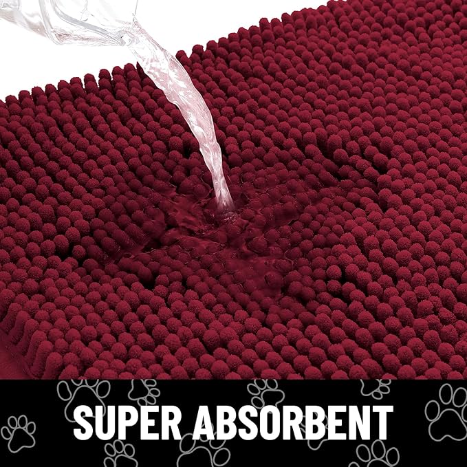Smiry Dog Door Mat for Muddy Paws, Absorbent Dirt Trapper Non Slip Quick Dry Washable Chenille Mat for Mud Dogs, Entry Rug for Indoor and Outdoor (70x24 Inches, Burgundy and White)