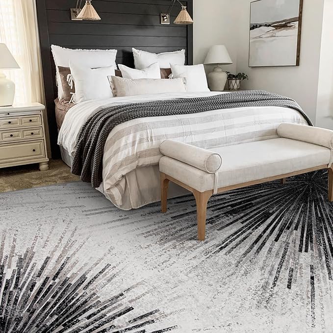 Lahome Modern Black 9x12 Rug for Living Room, Large Washable Area Rug Non-Slip Ultra-Thin Stain Resistant Rugs for Dining Room Table, Abstract Print Indoor Soft Rug for Bedroom Office (Black, 9'x12')